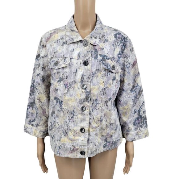 Chico's Linen Cotton Abstract Patterned Women's Jean Jacket - Picture 1 of 11